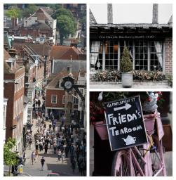 Collage: View of High Street, The Chesil Restaurant, Frieda's Tearoom sign